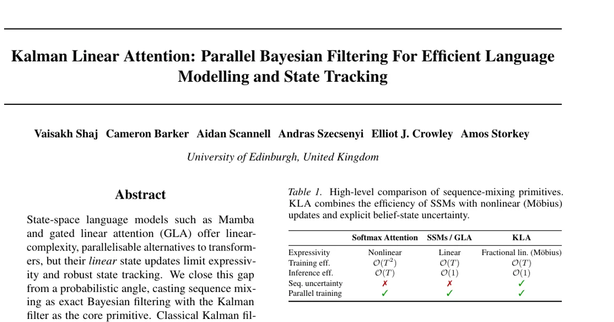 Kalman Linear Attention: Parallel Bayesian Filtering For Efficient Language Modelling and State Tracking