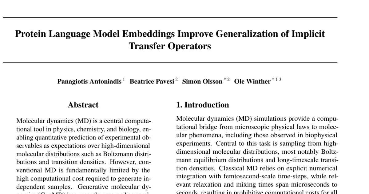 Protein Language Model Embeddings Improve Generalization of Implicit Transfer Operators