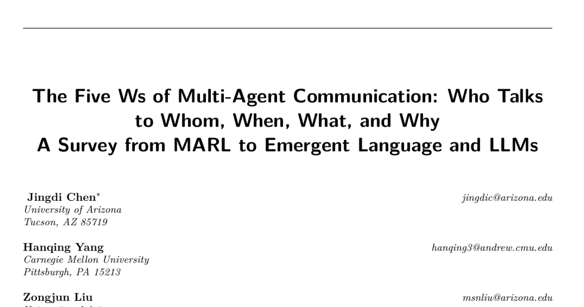 The Five Ws of Multi-Agent Communication: Who Talks to Whom, When, What, and Why -- A Survey from MARL to Emergent Language and LLMs