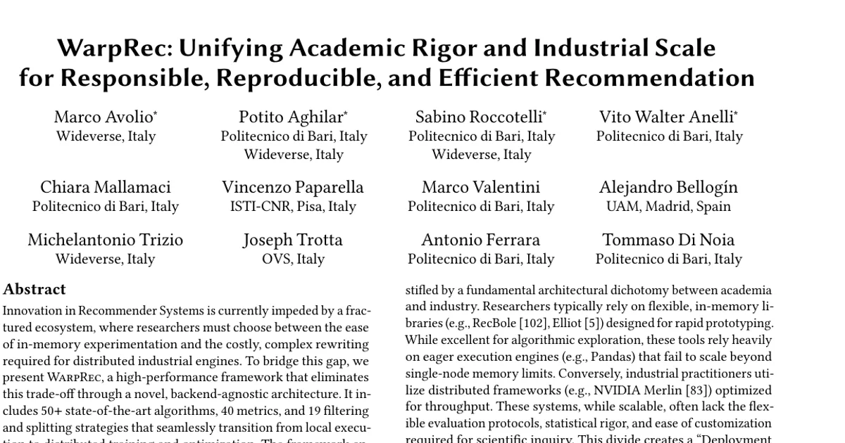 WarpRec: Unifying Academic Rigor and Industrial Scale for Responsible, Reproducible, and Efficient Recommendation