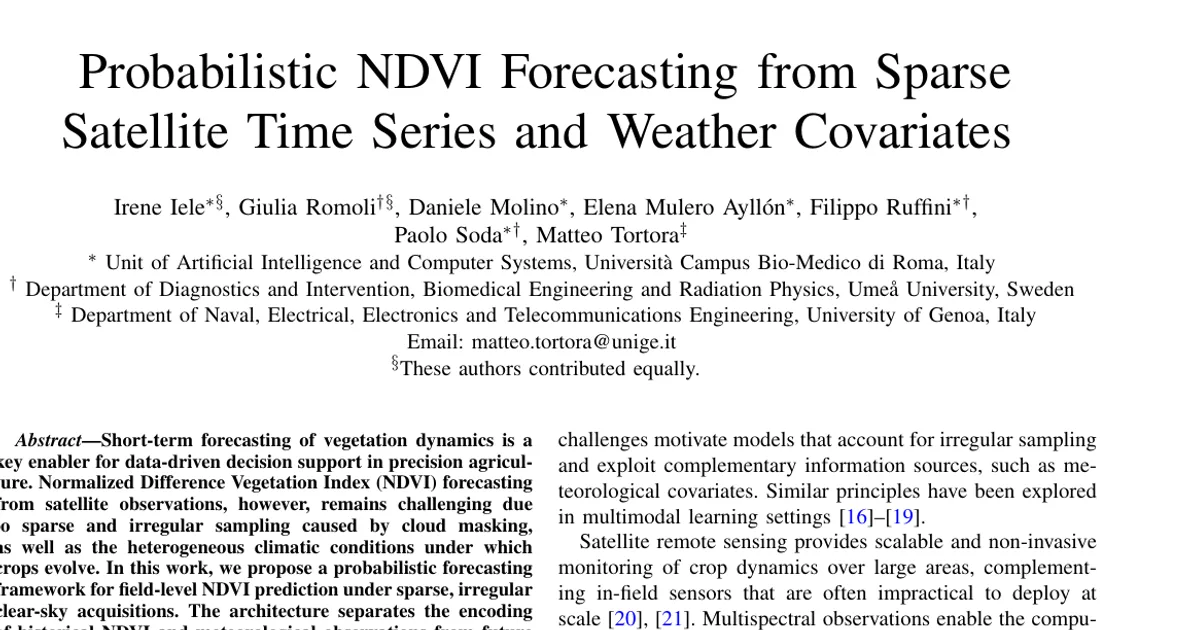 Probabilistic NDVI Forecasting from Sparse Satellite Time Series and Weather Covariates