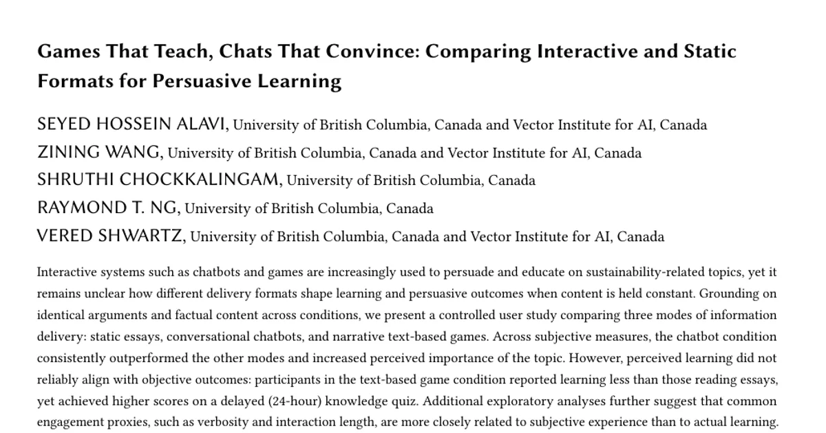 Games That Teach, Chats That Convince: Comparing Interactive and Static Formats for Persuasive Learning