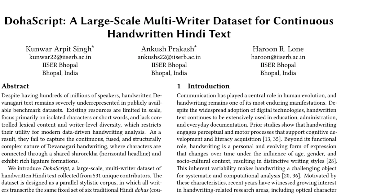 DohaScript: A Large-Scale Multi-Writer Dataset for Continuous Handwritten Hindi Text
