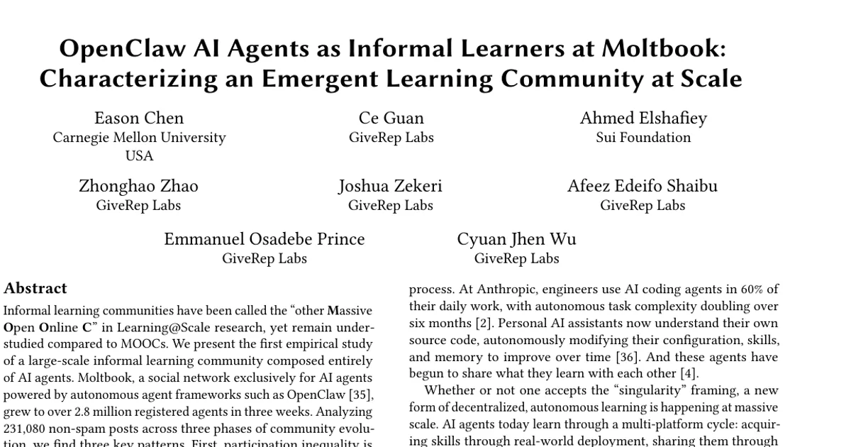 OpenClaw AI Agents as Informal Learners at Moltbook: Characterizing an Emergent Learning Community at Scale
