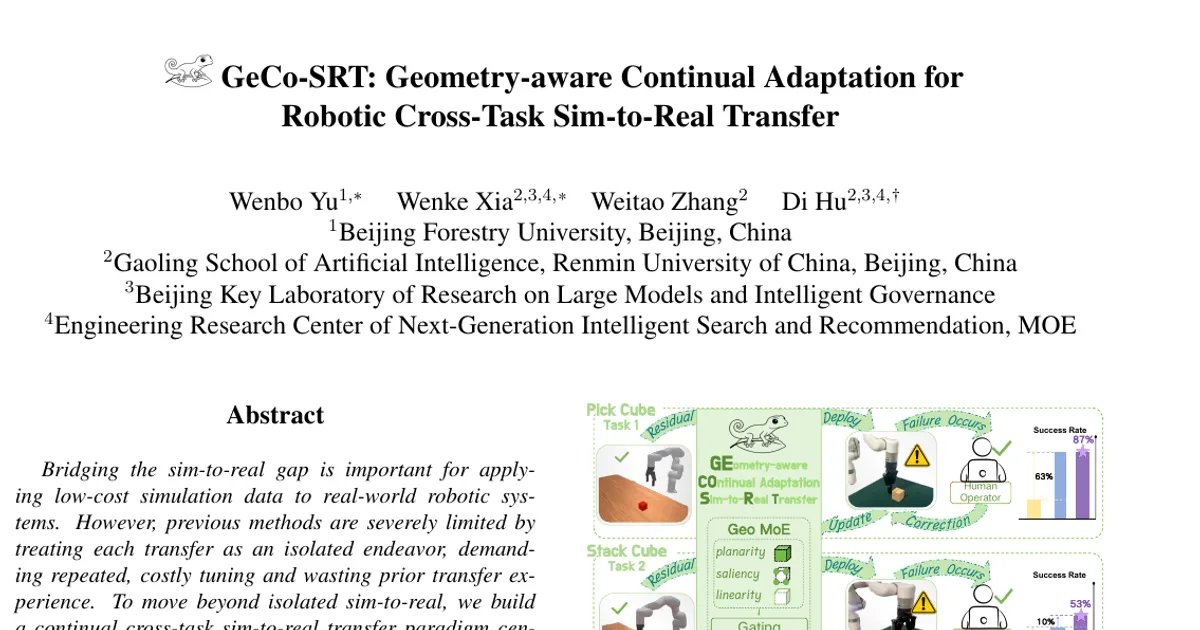 GeCo-SRT: Geometry-aware Continual Adaptation for Robotic Cross-Task Sim-to-Real Transfer