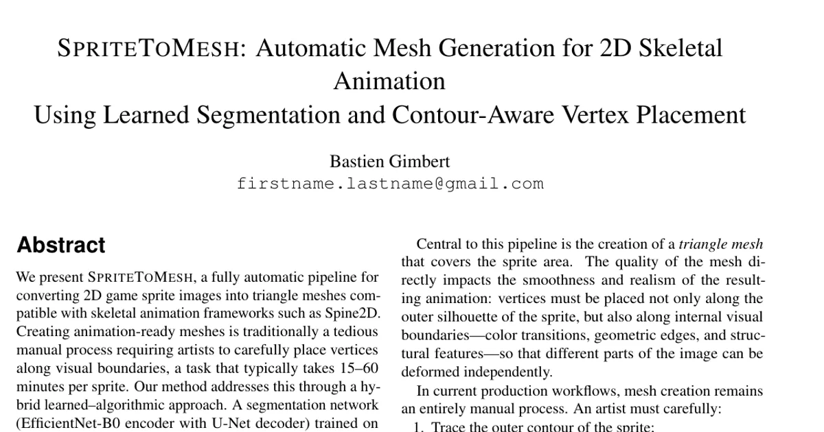 SPRITETOMESH: Automatic Mesh Generation for 2D Skeletal Animation Using Learned Segmentation and Contour-Aware Vertex Placement