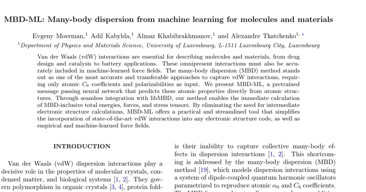 MBD-ML: Many-body dispersion from machine learning for molecules and materials