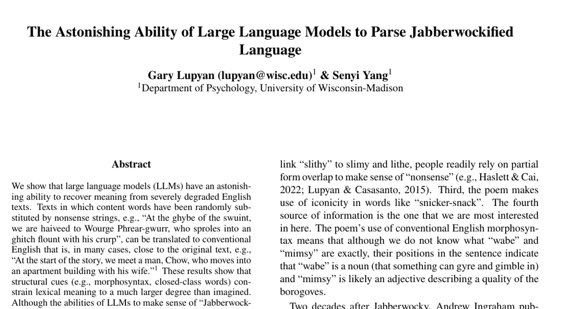 The Astonishing Ability of Large Language Models to Parse Jabberwockified Language