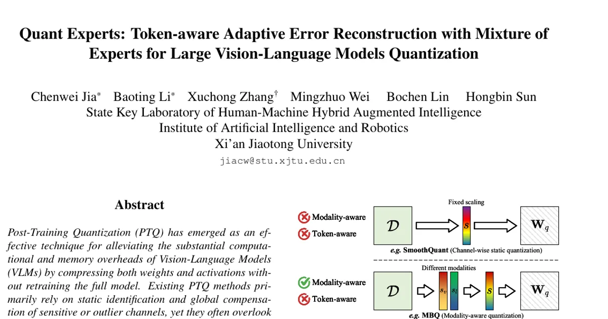 Quant Experts: Token-aware Adaptive Error Reconstruction with Mixture of Experts for Large Vision-Language Models Quantization