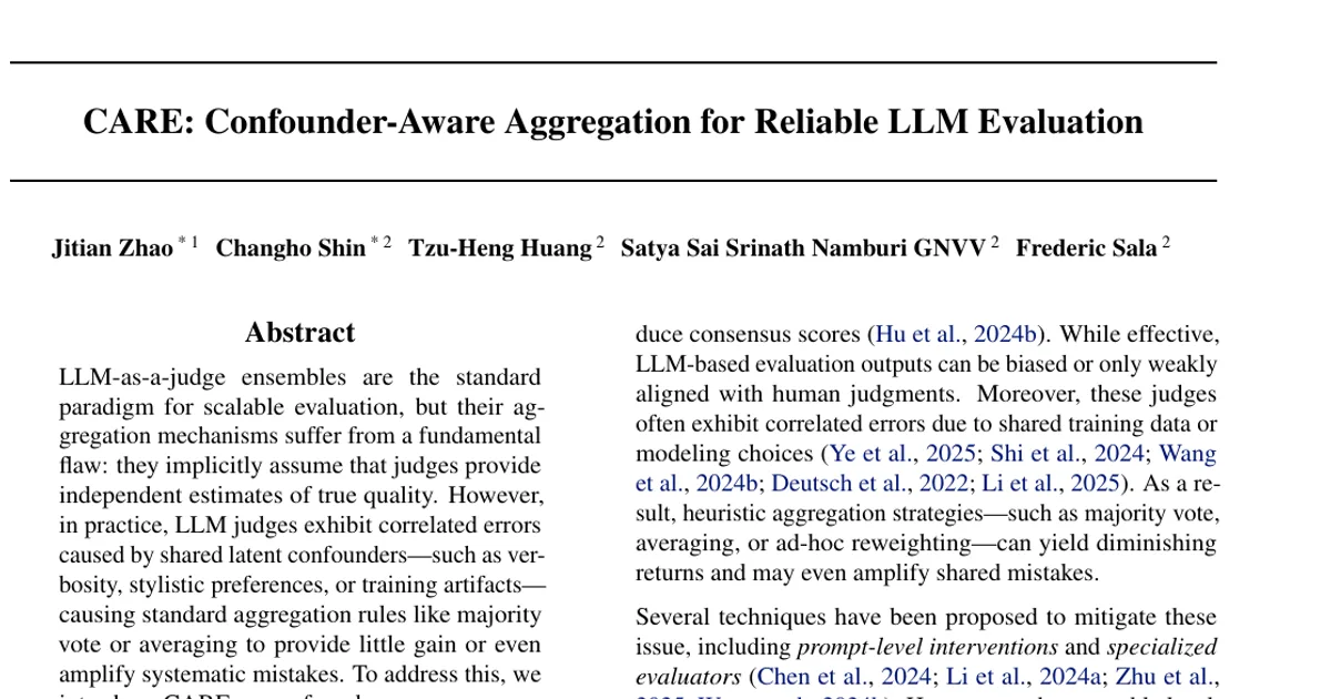 CARE: Confounder-Aware Aggregation for Reliable LLM Evaluation