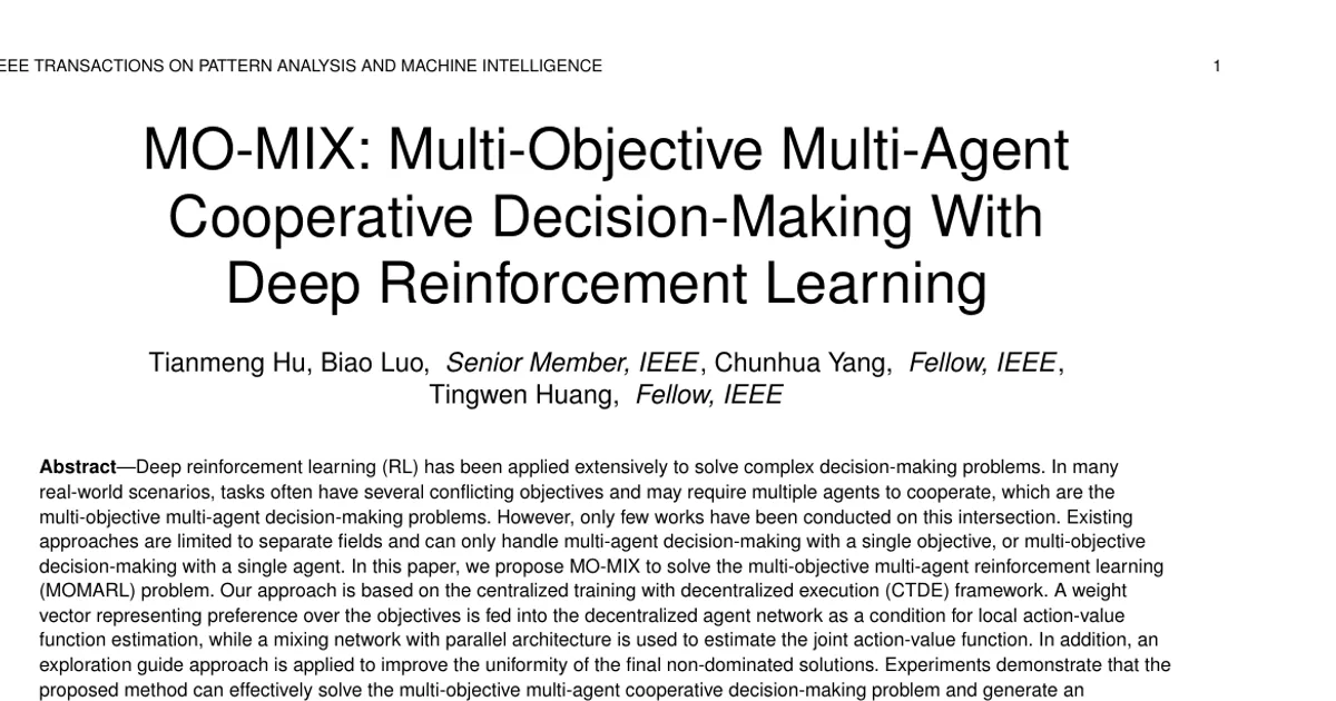 MO-MIX: Multi-Objective Multi-Agent Cooperative Decision-Making With Deep Reinforcement Learning