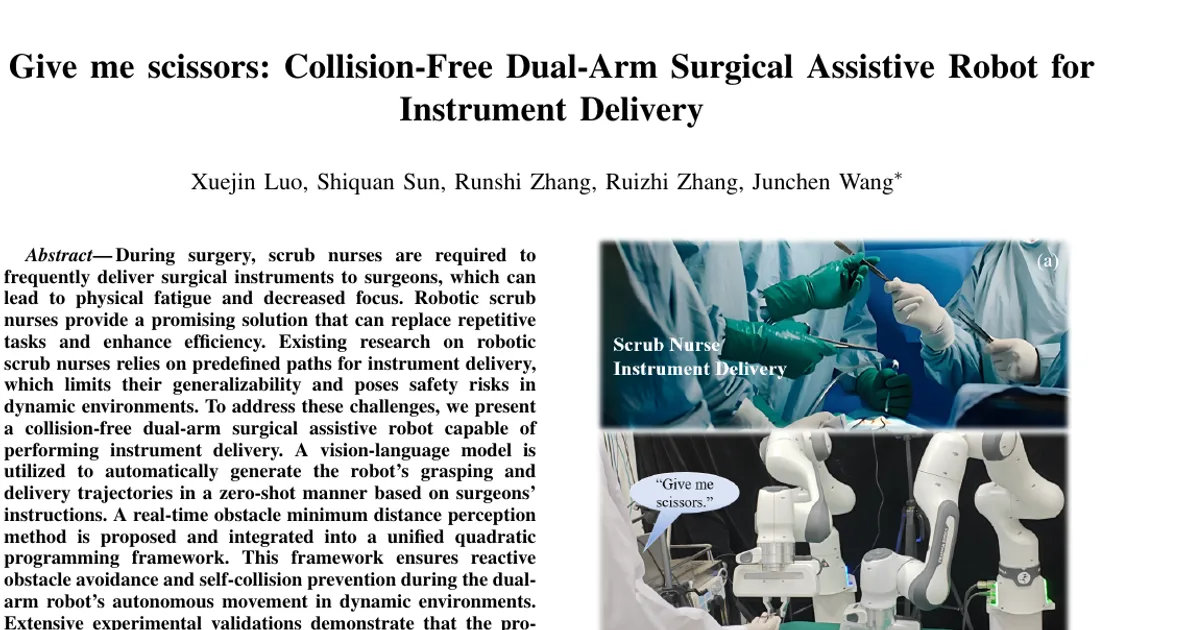 Give me scissors: Collision-Free Dual-Arm Surgical Assistive Robot for Instrument Delivery