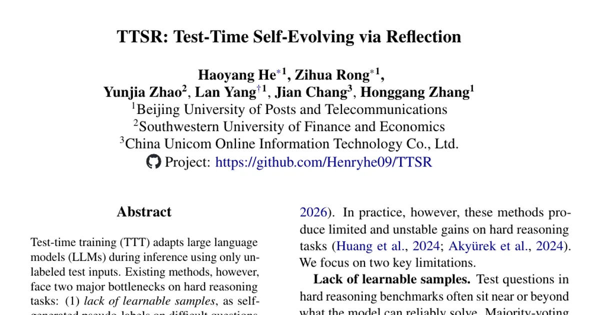 TTSR: Test-Time Self-Evolving via Reflection