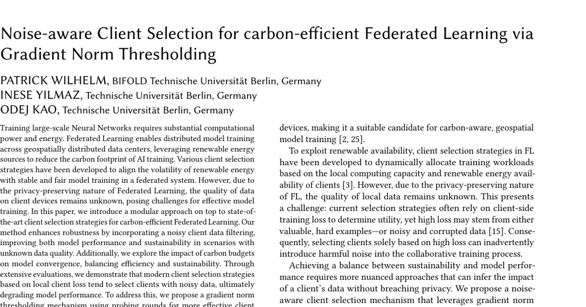Noise-aware Client Selection for carbon-efficient Federated Learning via Gradient Norm Thresholding