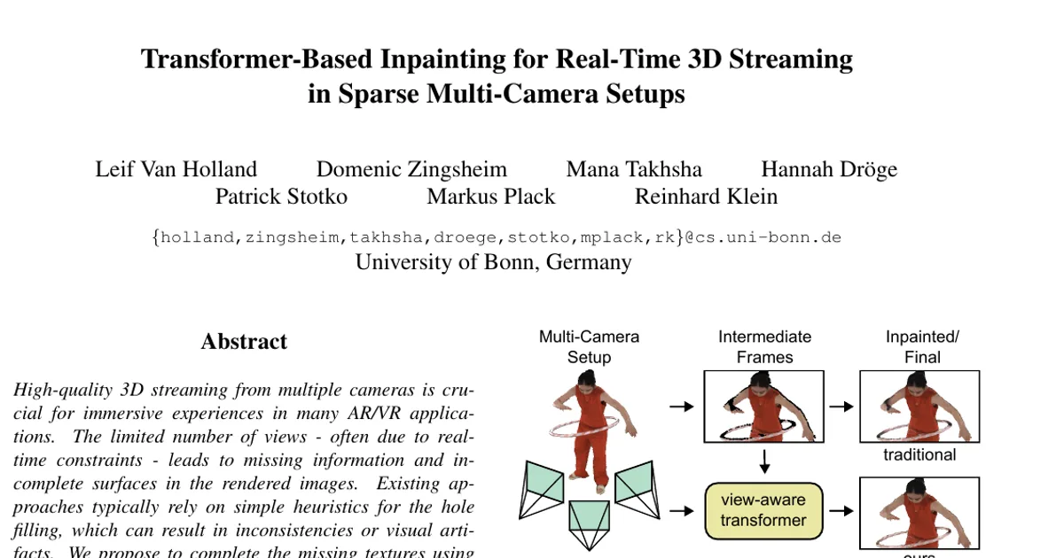 Transformer-Based Inpainting for Real-Time 3D Streaming in Sparse Multi-Camera Setups