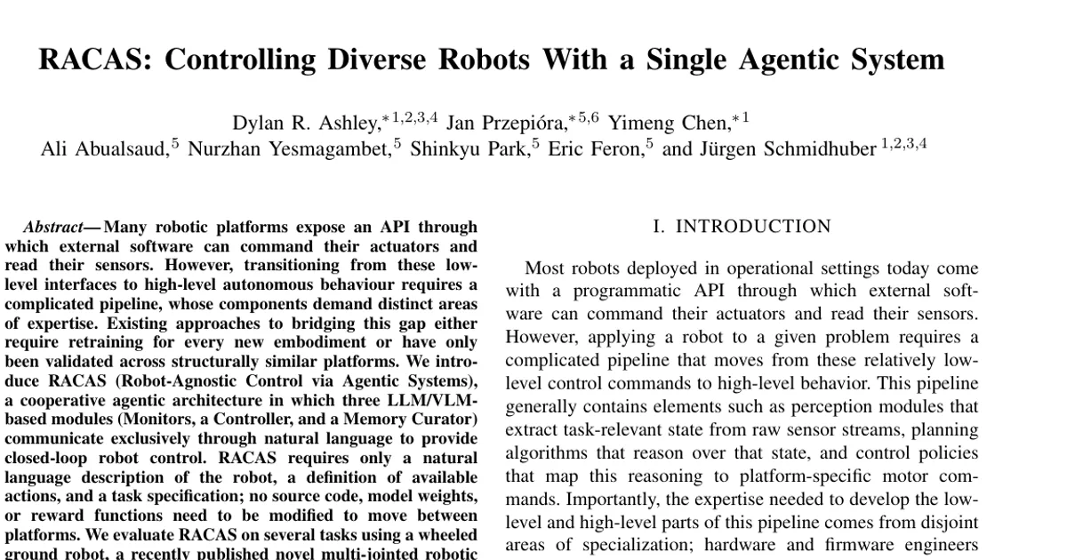 RACAS: Controlling Diverse Robots With a Single Agentic System