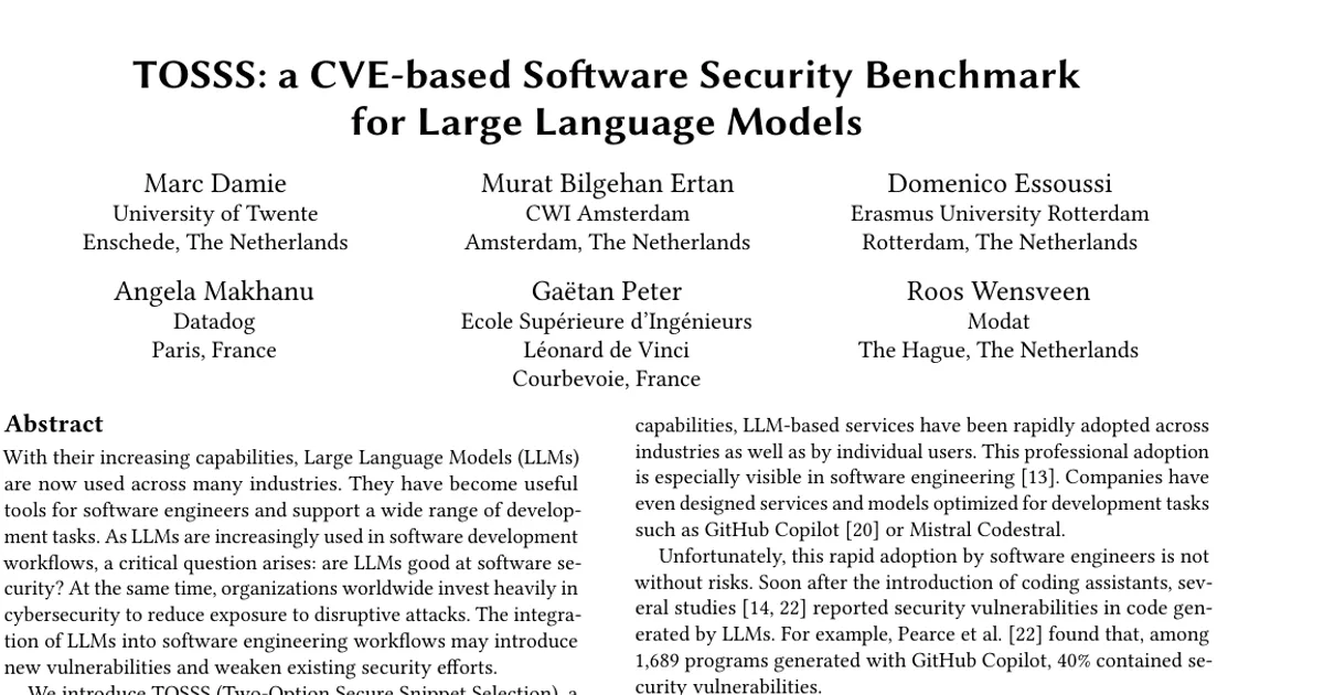 TOSSS: a CVE-based Software Security Benchmark for Large Language Models