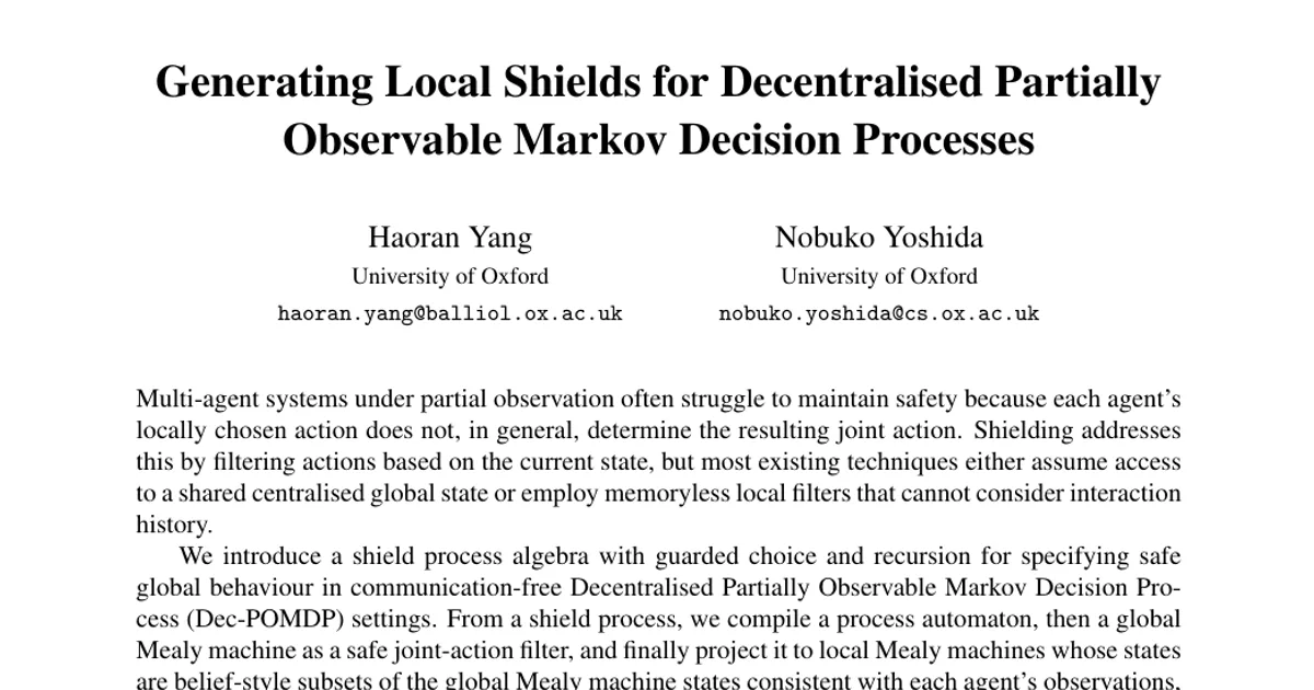 Generating Local Shields for Decentralised Partially Observable Markov Decision Processes
