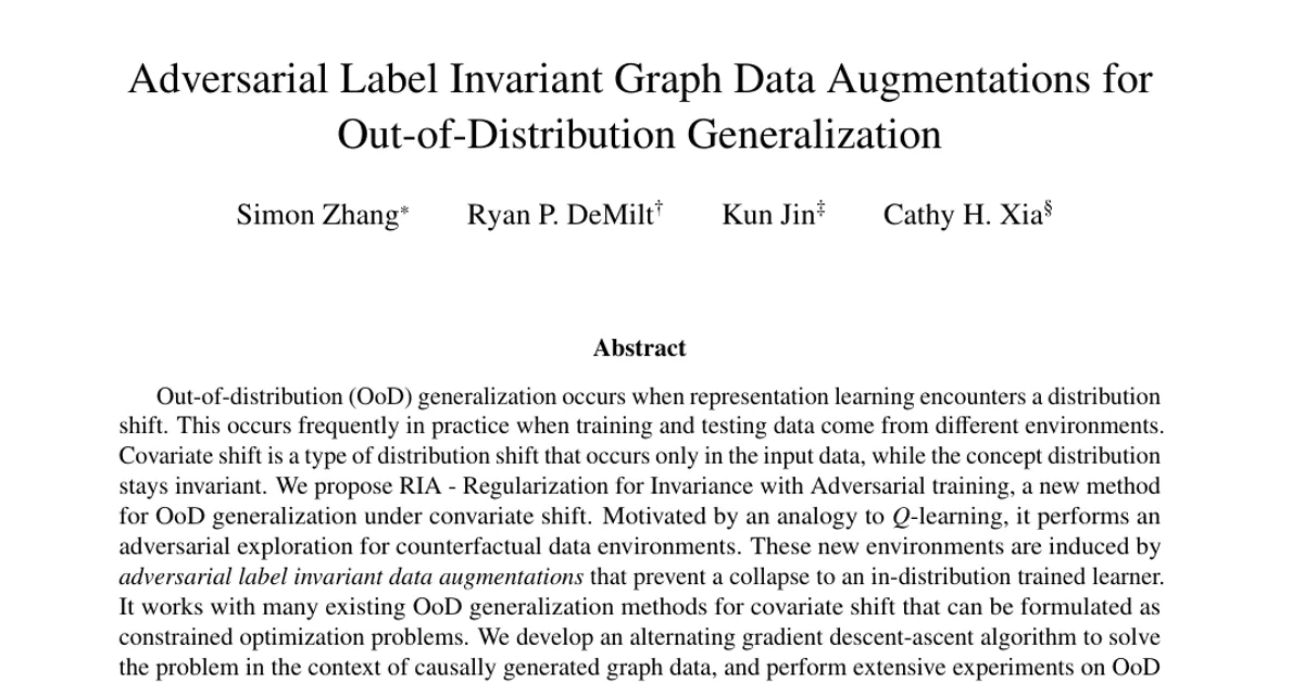 Adversarial Label Invariant Graph Data Augmentations for Out-of-Distribution Generalization