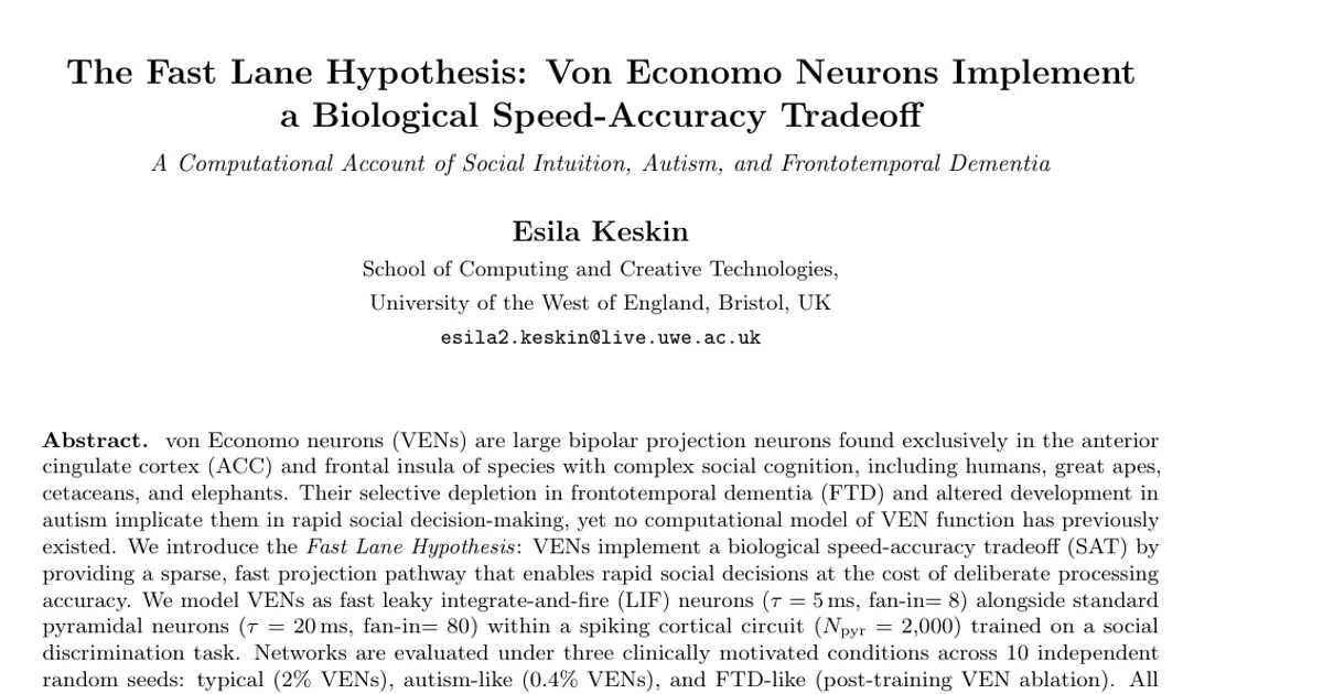 The Fast Lane Hypothesis: Von Economo Neurons Implement a Biological Speed-Accuracy Tradeoff