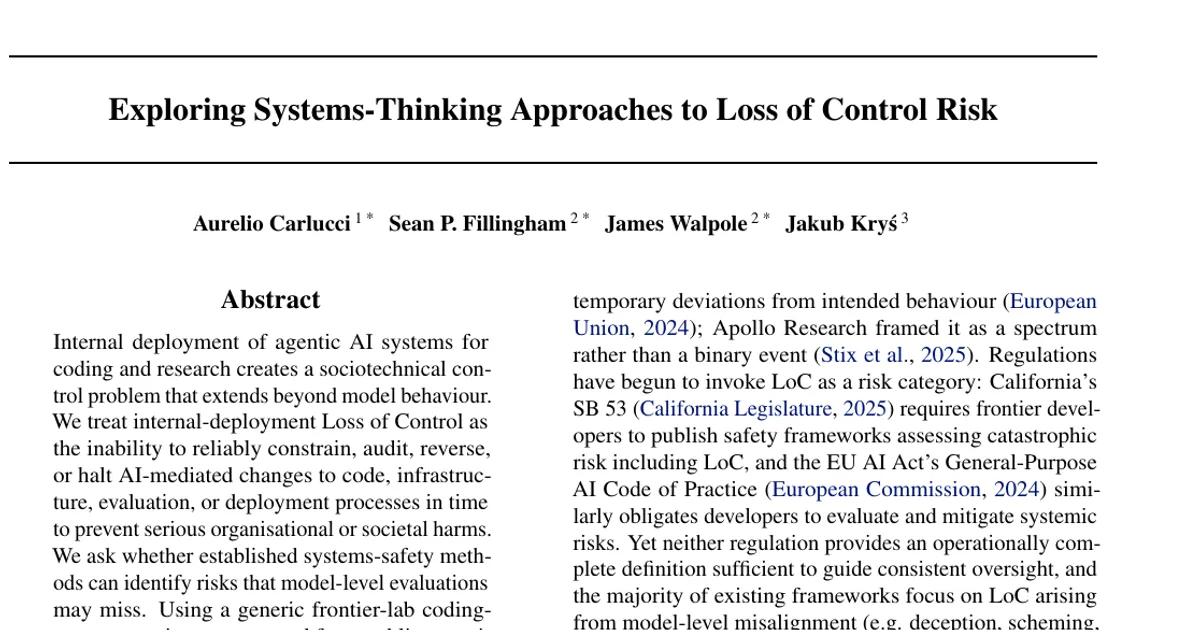 Exploring Systems-Thinking Approaches to Loss of Control Risk