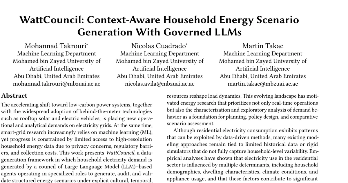 WattCouncil: Context-Aware Household Energy Scenario Generation With Governed LLMs