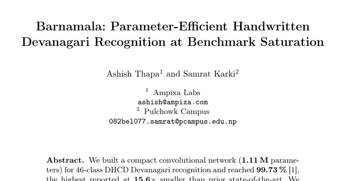 Barnamala: Parameter-Efficient Handwritten Devanagari Recognition at Benchmark Saturation