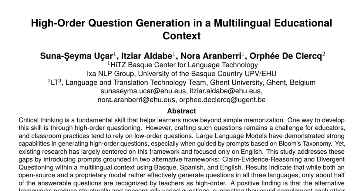 High-Order Question Generation in a Multilingual Educational Context