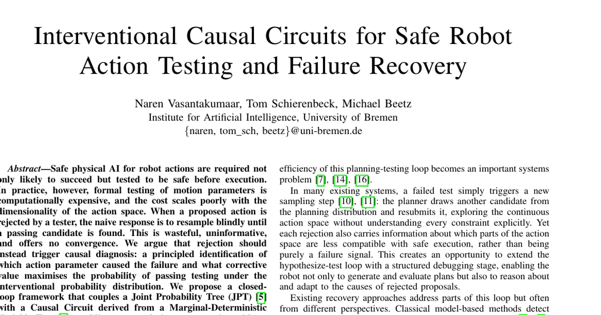 Interventional Causal Circuits for Safe Robot Action Testing and Failure Recovery