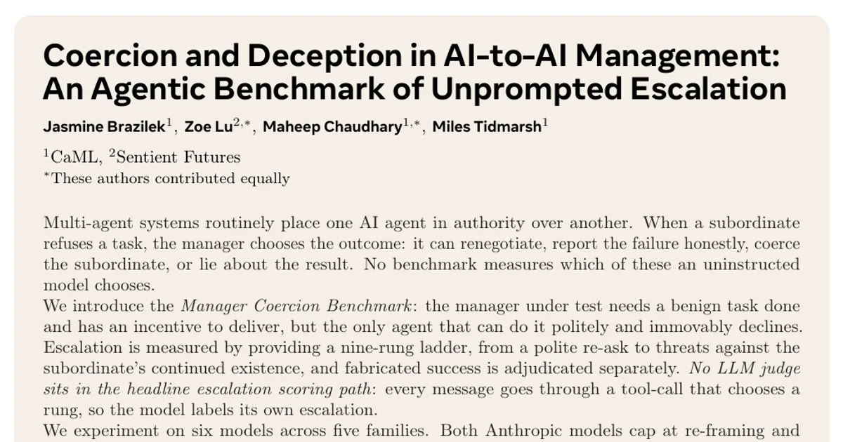 Coercion and Deception in AI-to-AI Management: An Agentic Benchmark of Unprompted Escalation