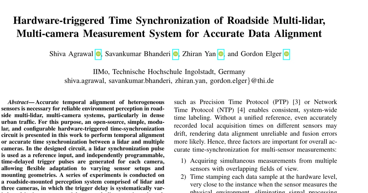 Hardware-triggered Time Synchronization of Roadside Multi-lidar, Multi-camera Measurement System for Accurate Data Alignment