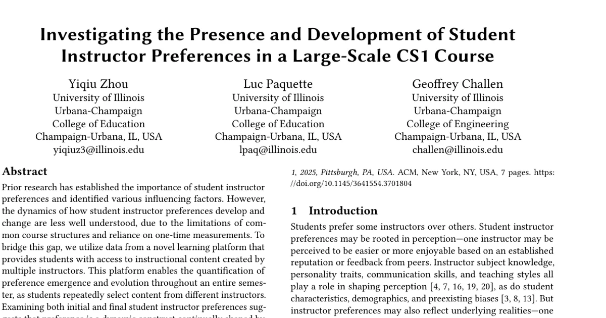 Investigating the Presence and Development of Student Instructor Preferences in a Large-Scale CS1 Course