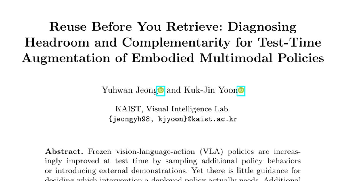 Reuse Before You Retrieve: Diagnosing Headroom and Complementarity for Test-Time Augmentation of Embodied Multimodal Policies