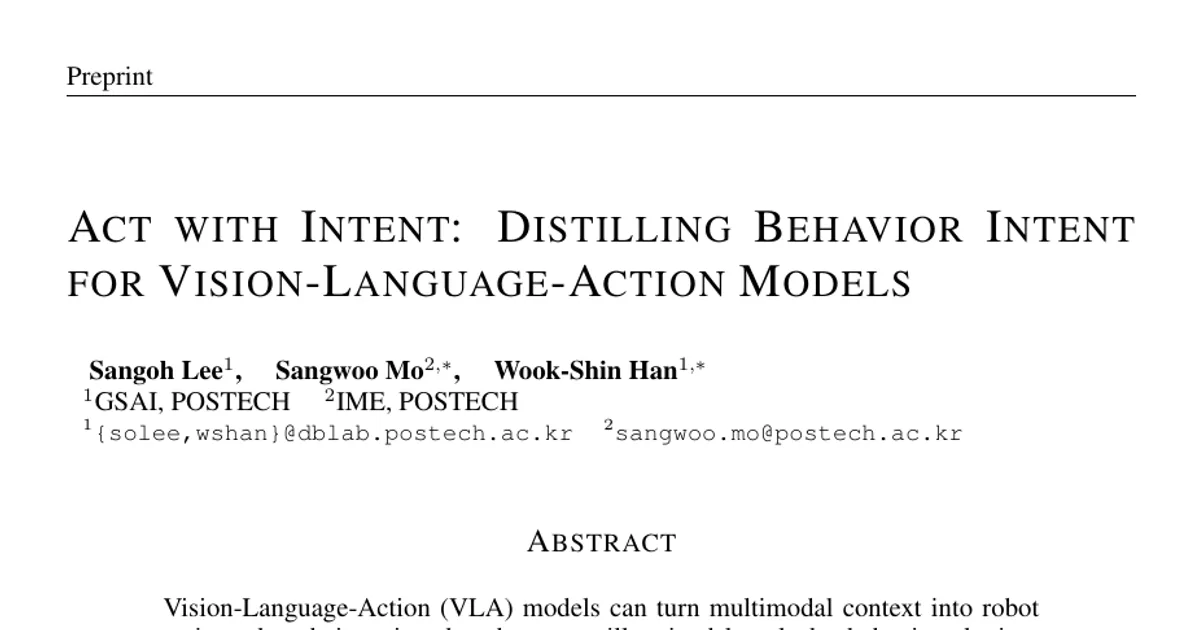 Act with Intent: Distilling Behavior Intent for Vision-Language-Action Models