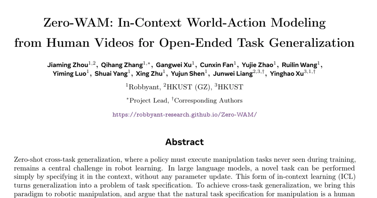 Zero-WAM: modellazione in contesto del mondo e delle azioni a partire da video di persone per la generalizzazione a compiti aperti