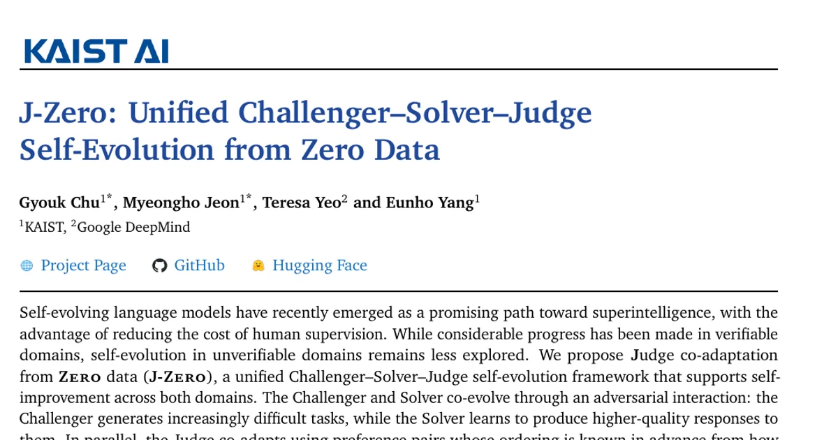 J-Zero: autoevoluzione unificata Challenger--Solver--Judge a partire da zero dati