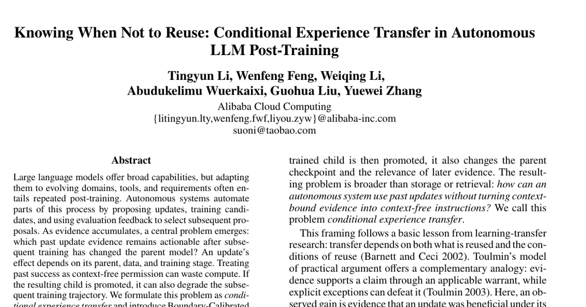 Knowing When Not to Reuse: Conditional Experience Transfer in Autonomous LLM Post-Training