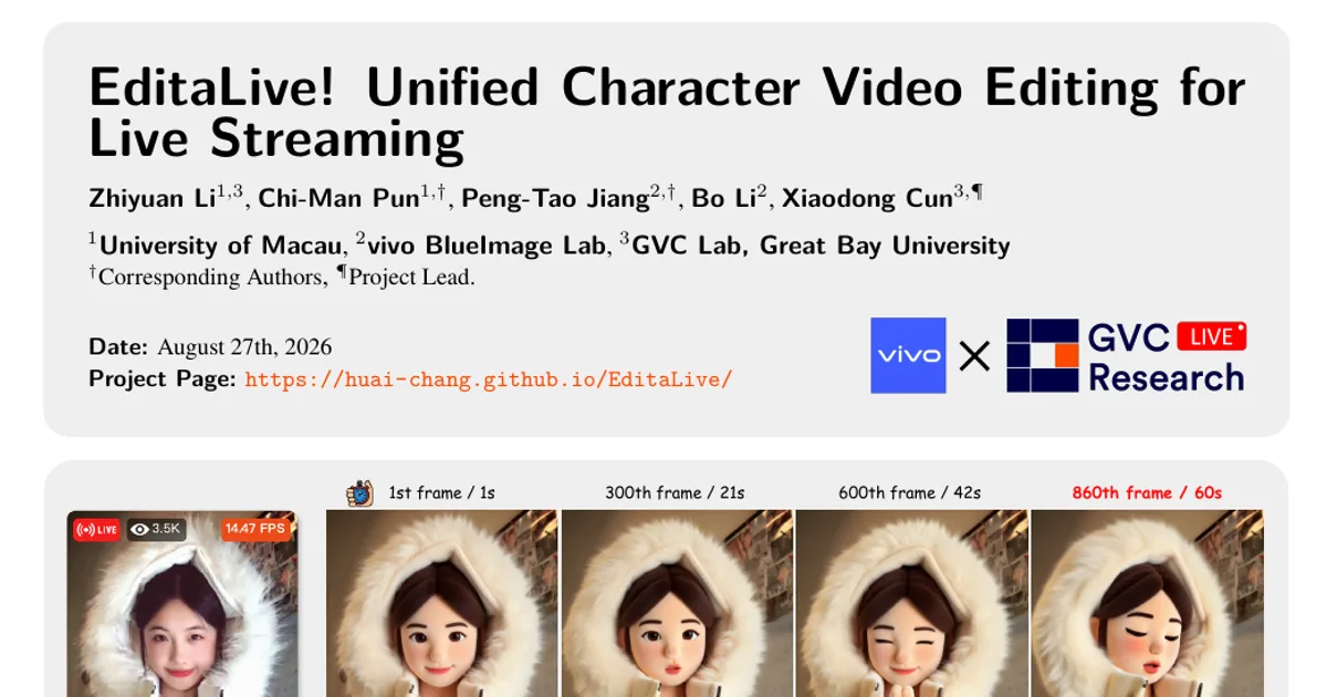 EditaLive! Unified Character Video Editing for Live Streaming
