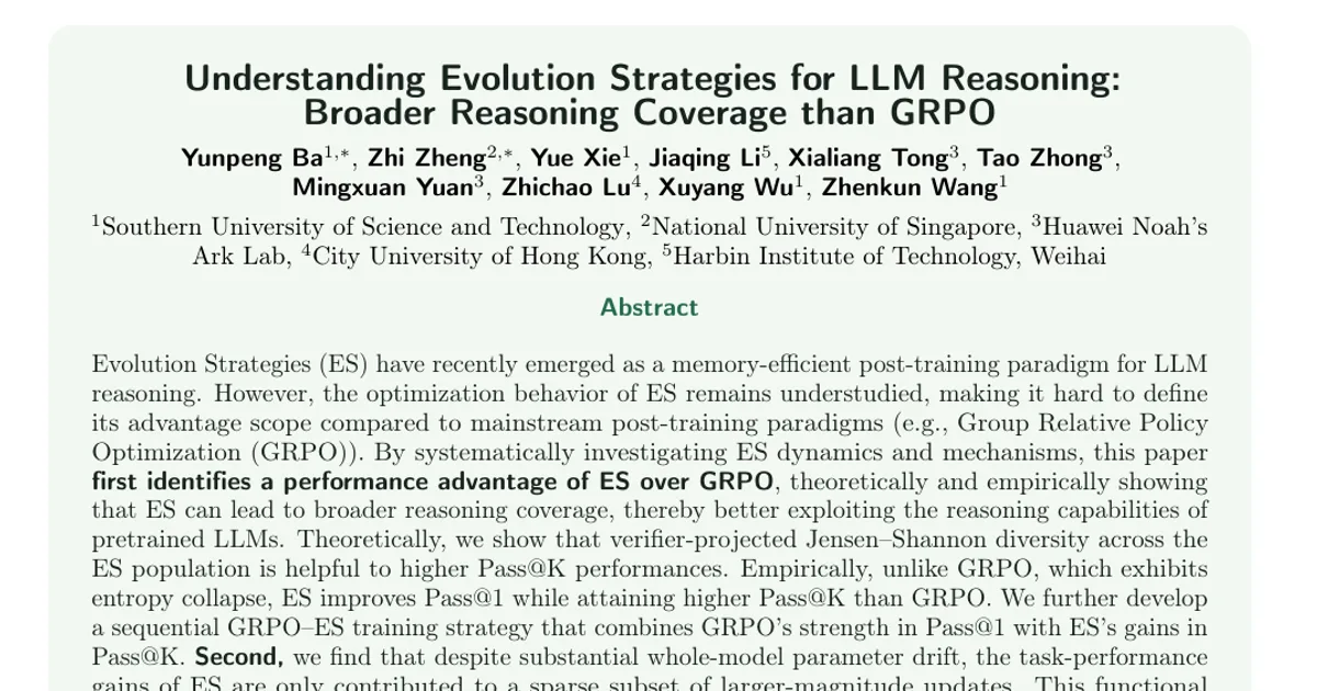 Understanding Evolution Strategies for LLM Reasoning: Broader Reasoning Coverage than GRPO