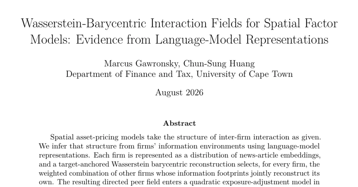 Wasserstein-Barycentric Interaction Fields for Spatial Factor Models: Evidence from Language-Model Representations