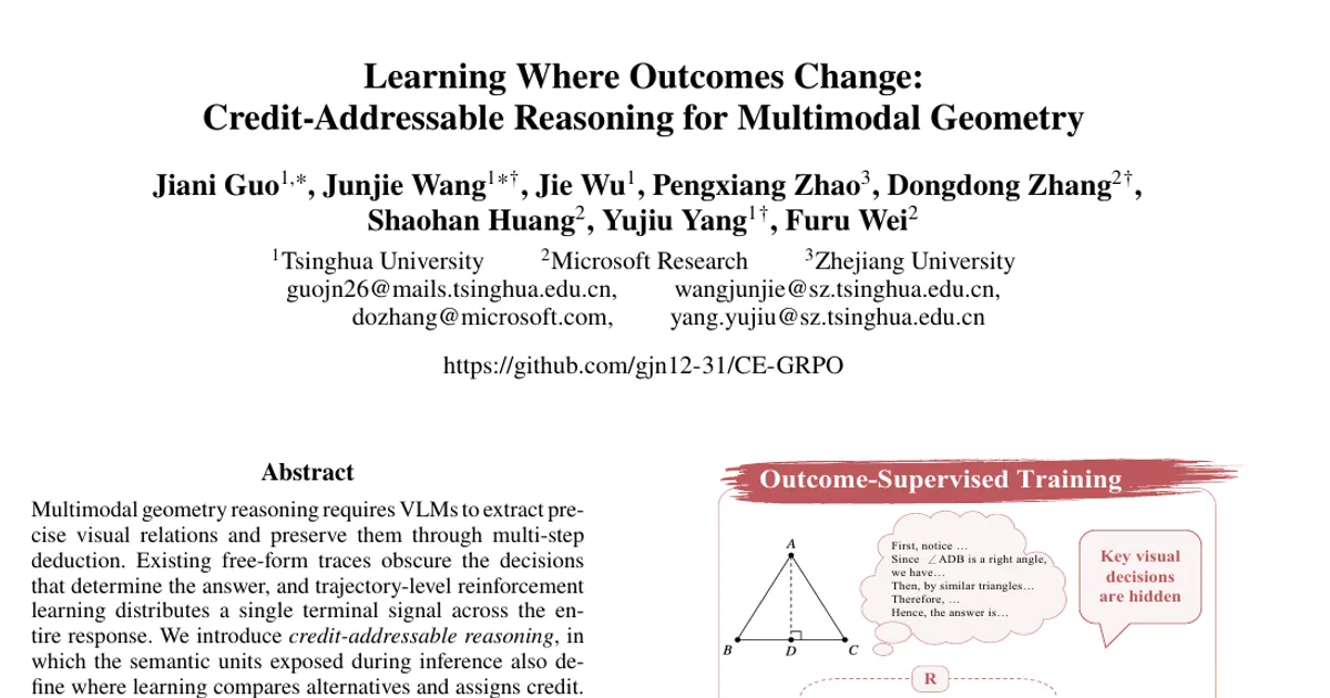 Learning Where Outcomes Change:Credit-Addressable Reasoning for Multimodal Geometry