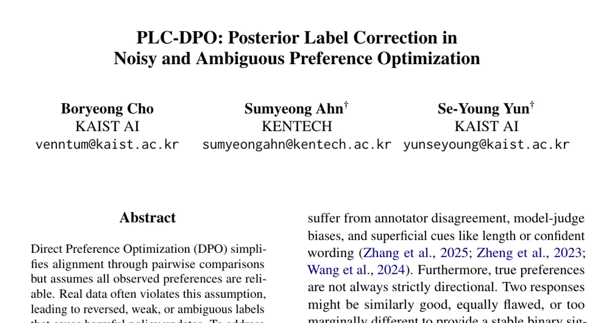 PLC-DPO: Posterior Label Correction in Noisy and Ambiguous Preference Optimization