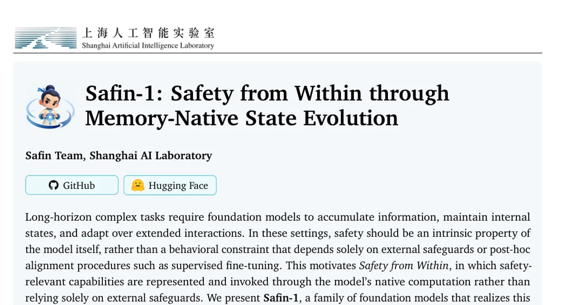 Safin-1: Safety from Within through Memory-Native State Evolution