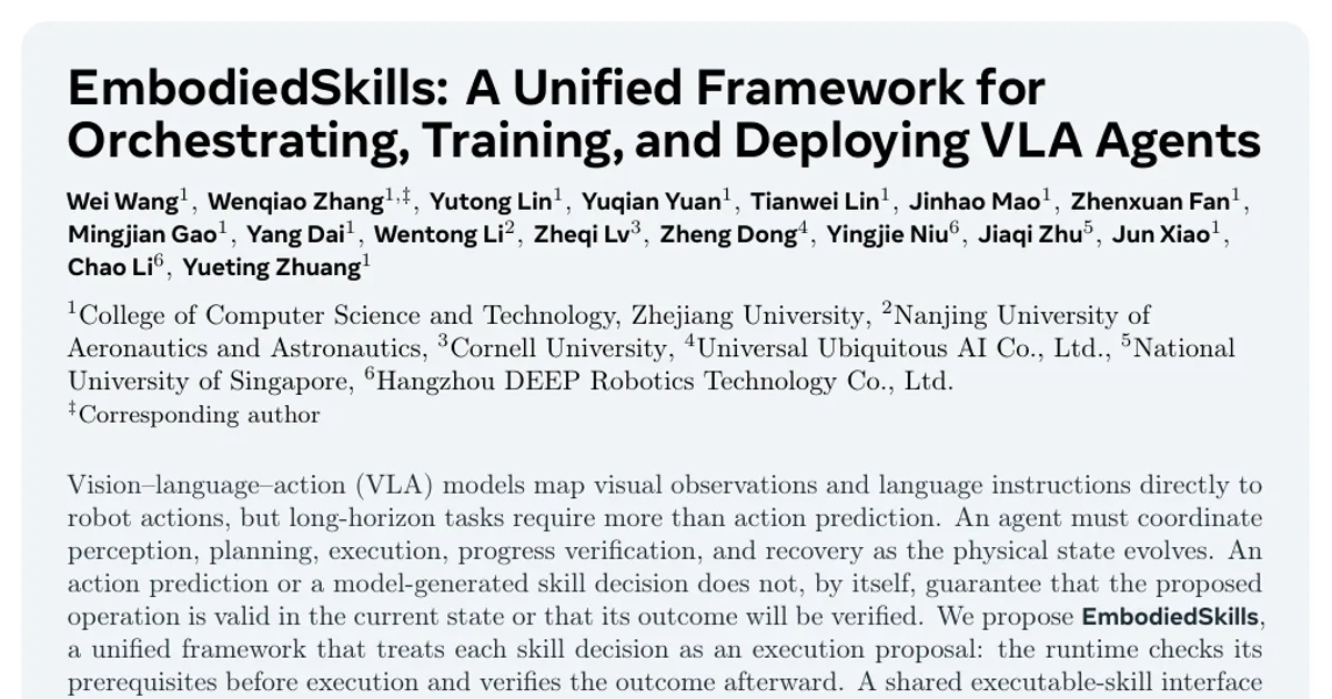 EmbodiedSkills: A Unified Framework for Orchestrating, Training, and Deploying VLA Agents