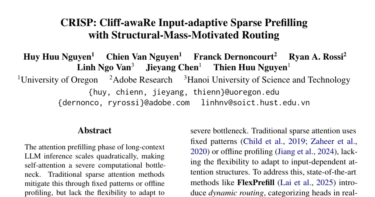 CRISP: Cliff-awaRe Input-adaptive Sparse Prefilling con instradamento basato sulla struttura della massa