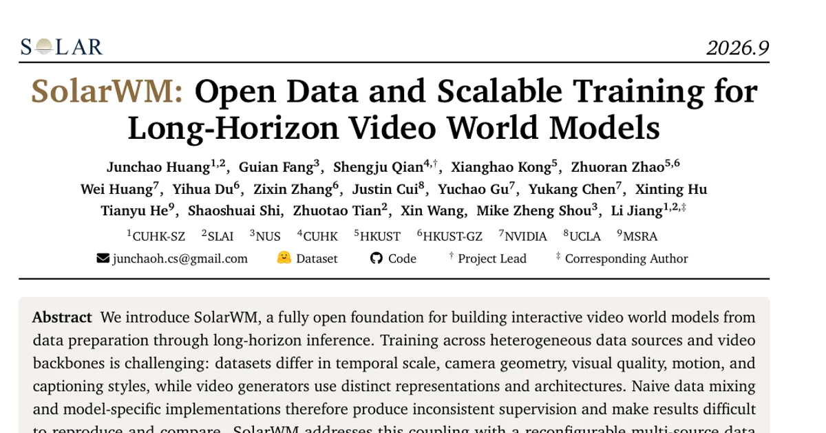 SolarWM: Open Data and Scalable Training for Long-Horizon Video World Models