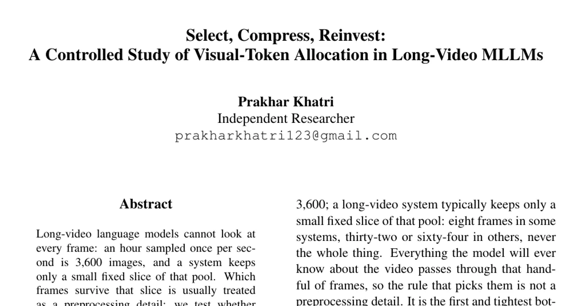 Selezionare, comprimere, reinvestire: uno studio controllato sull’allocazione dei token visivi nei MLLM per video lunghi