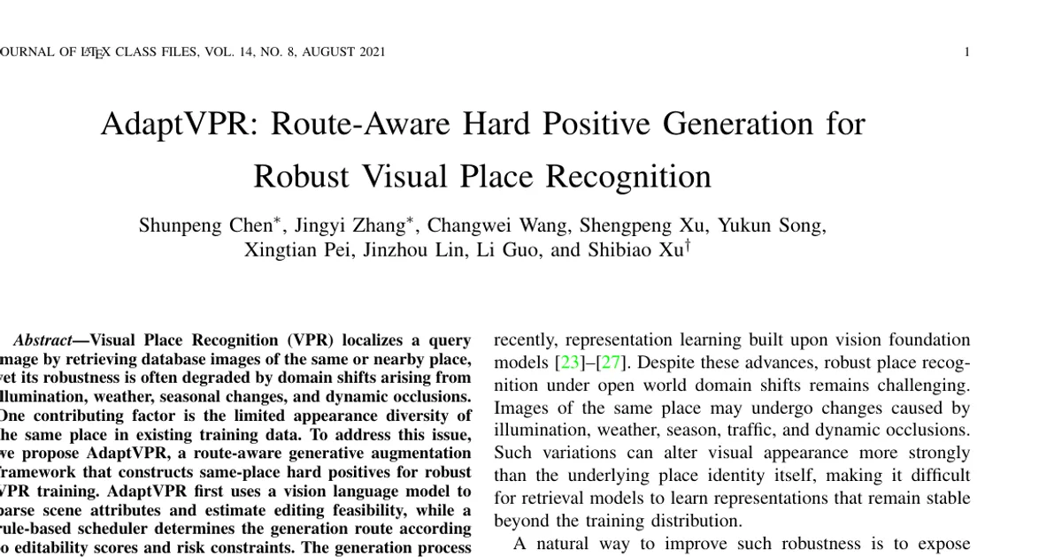AdaptVPR: Route-Aware Hard Positive Generation for Robust Visual Place Recognition