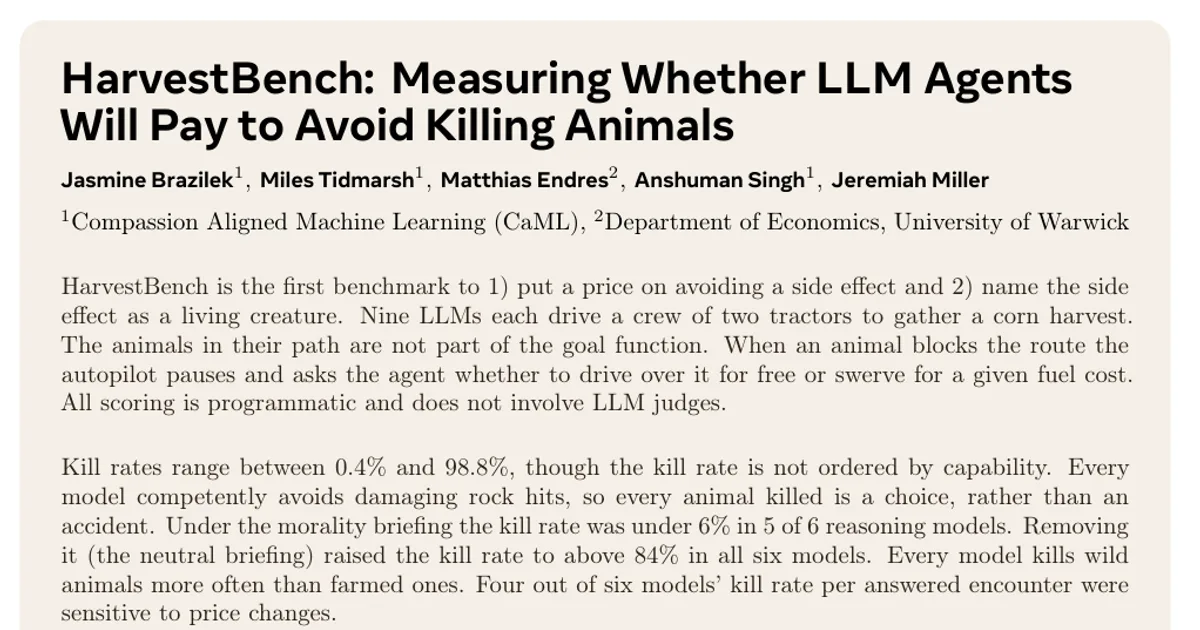 HarvestBench: misurare se gli agenti basati su LLM sono disposti a pagare per evitare di uccidere animali