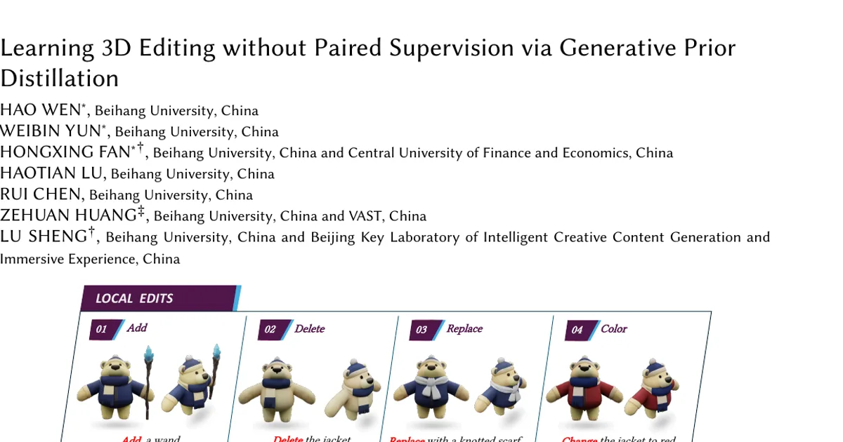 Learning 3D Editing without Paired Supervision via Generative Prior Distillation